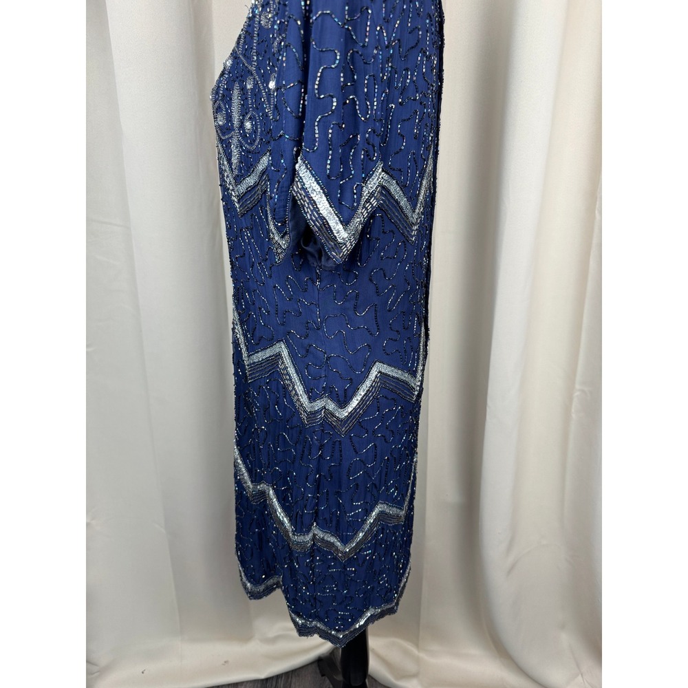 Vintage 80s Laurence Kazar New York Silk Beaded Dress Blue Art Deco Midi PL - Picture 5 of 11